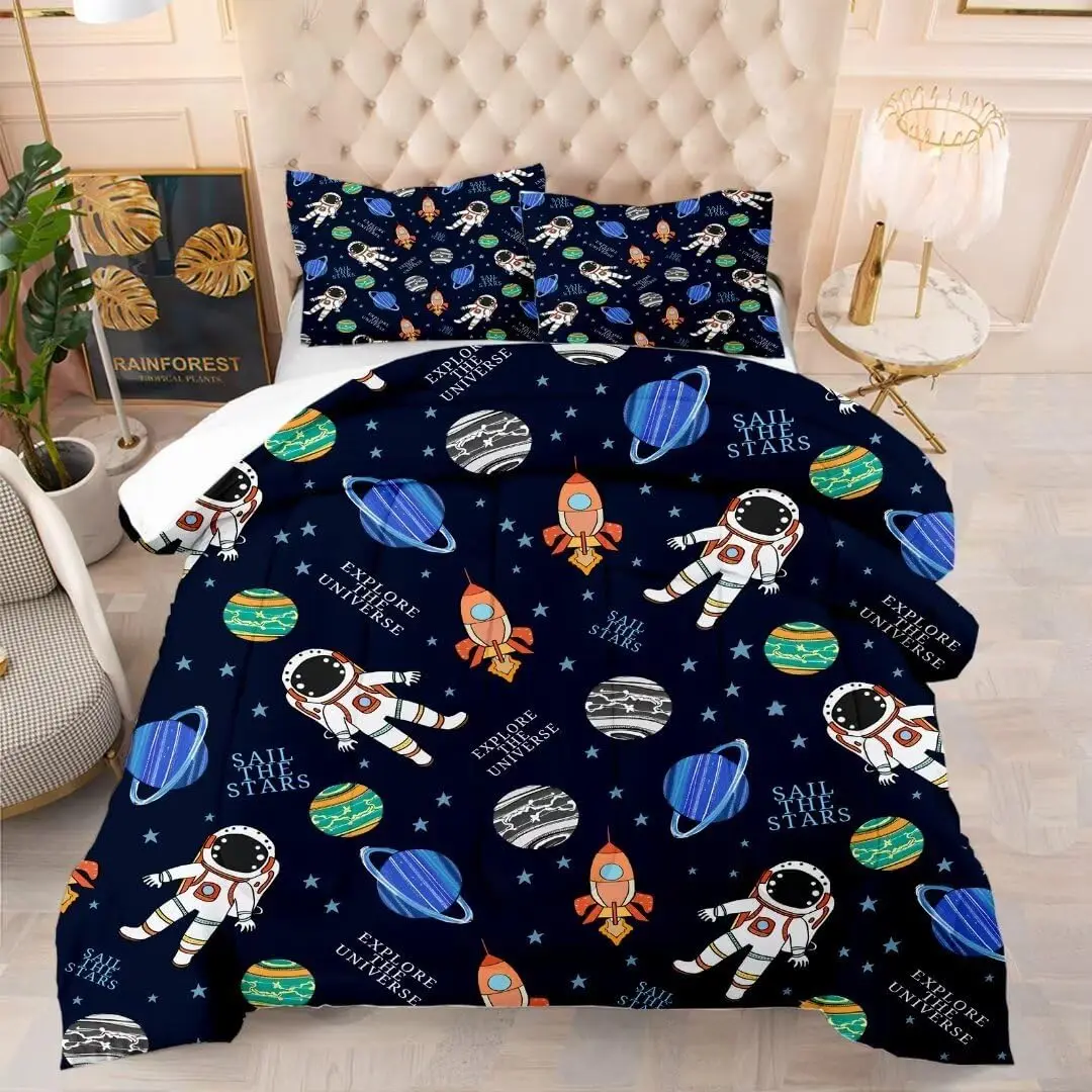 

Blue Boys Comforter Full Size Cartoon Bedding Set For All Seasons Cute Astronaut Rocket Comforter Set Outer Space Room Decor