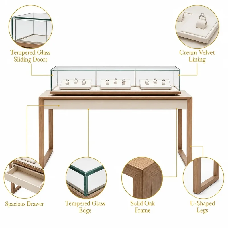 custom.Jewelry Display Cabinet Glass Stainless Steel LED Lighting Showcase Eco-Friendly Complete Store Design Solutions Show