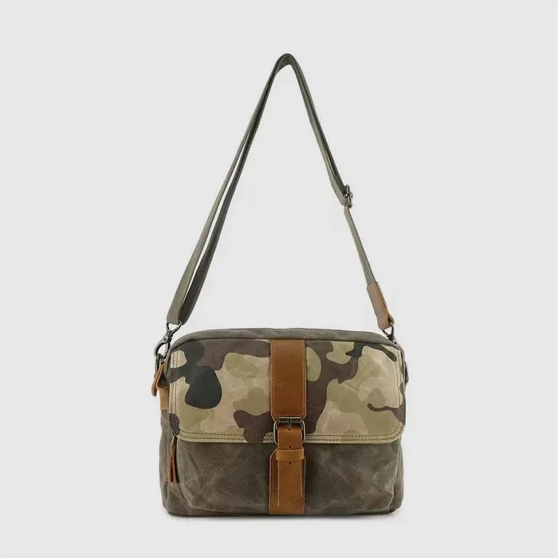 Retro Men's Waxed Canvas Camouflage Messenger Bag Water-Repellent Crossbody Bag Top Layer Leather Accent Casual Shoulder Satchel