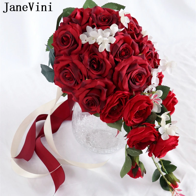 JaneVini-ramo De flores artificiales para novia, flores De boda, cascada roja Vintage