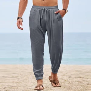 2024 Summer Casual Beach Pants For Men Vintage Loose Cotton Linen Breathable Trousers Mens Fashion Drawstring Lace-up Long Pant