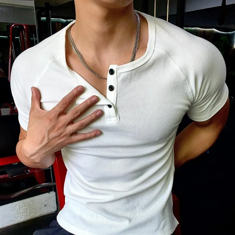 

Men's Coarse Thread Fitness T-shirt Solid Color Retro Summer Short Sleeved Fitness Outdoor Sports Cycling Short Sleeved