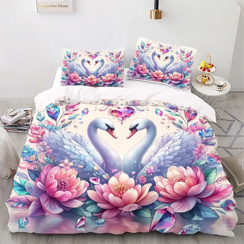 Valentine's Day White Swan - Digital Printed Duvet Set - Polyester - Bedroom Decor -1 Bed cover +2 Pillowcase (no pillow core)