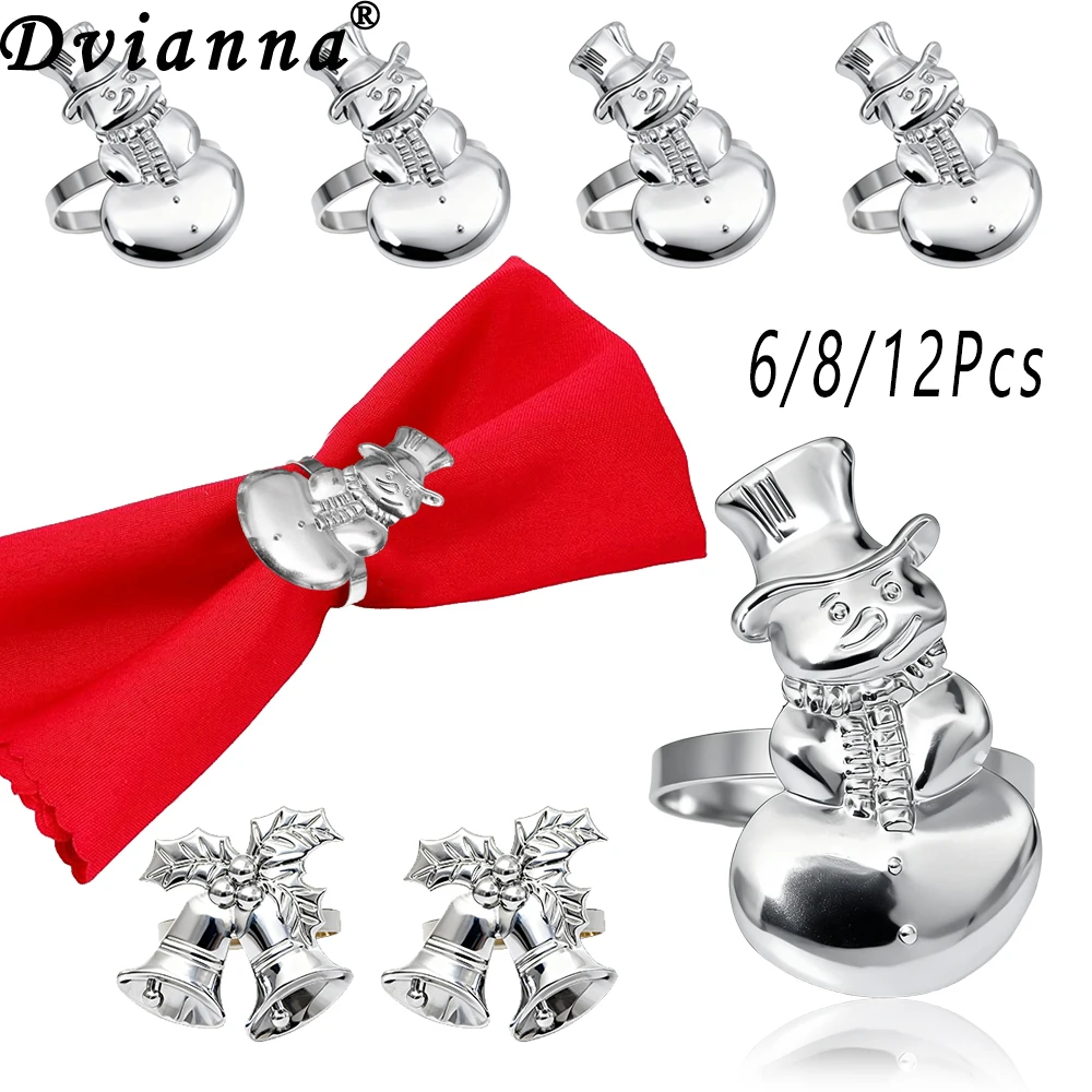 

6/8/12 шт. рождественские кольца для салфеток металлический серебряный снеговик колокольчик держатель для салфеток на Рождество зима свадебная вечеринка декор стола