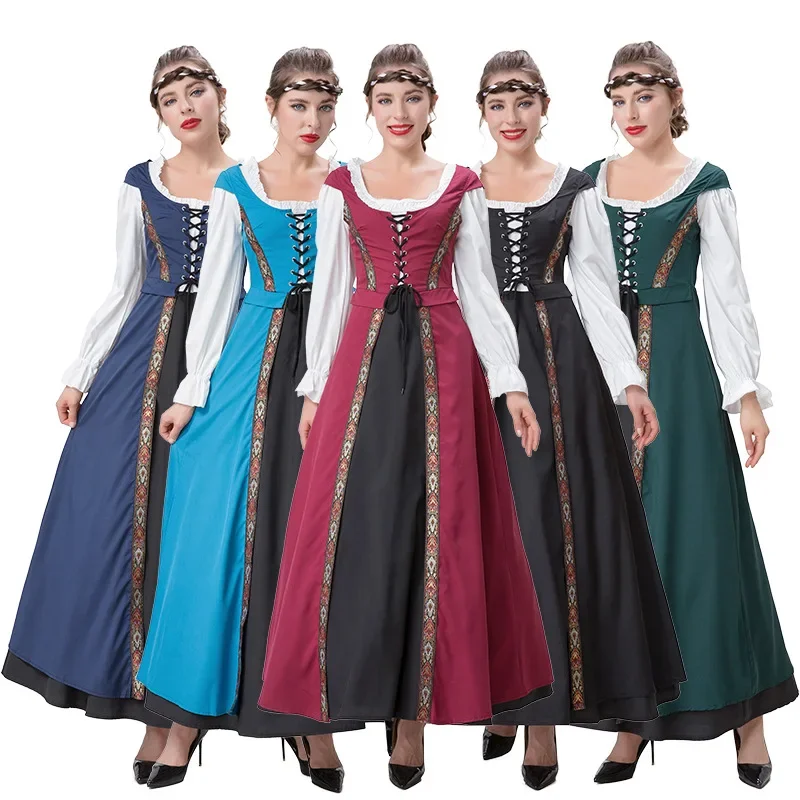 

Adult Women Renaissance Retro Medieval Drama Stage Long Sleeves Dress Gown Halloween Cosplay Costumes Role Play Outfit