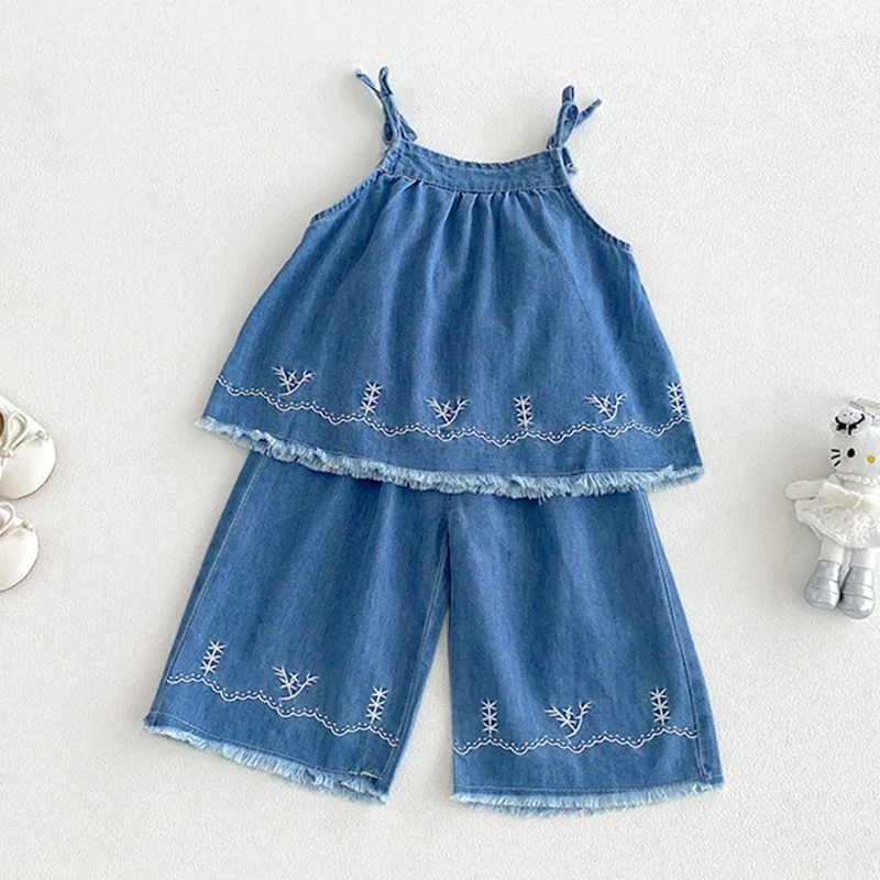 2026 New Summer Toddler Baby Girls Clothing Set Sleeveless Denim Embroidered Vest+Pants 0-3Yrs Children Clothes Suit