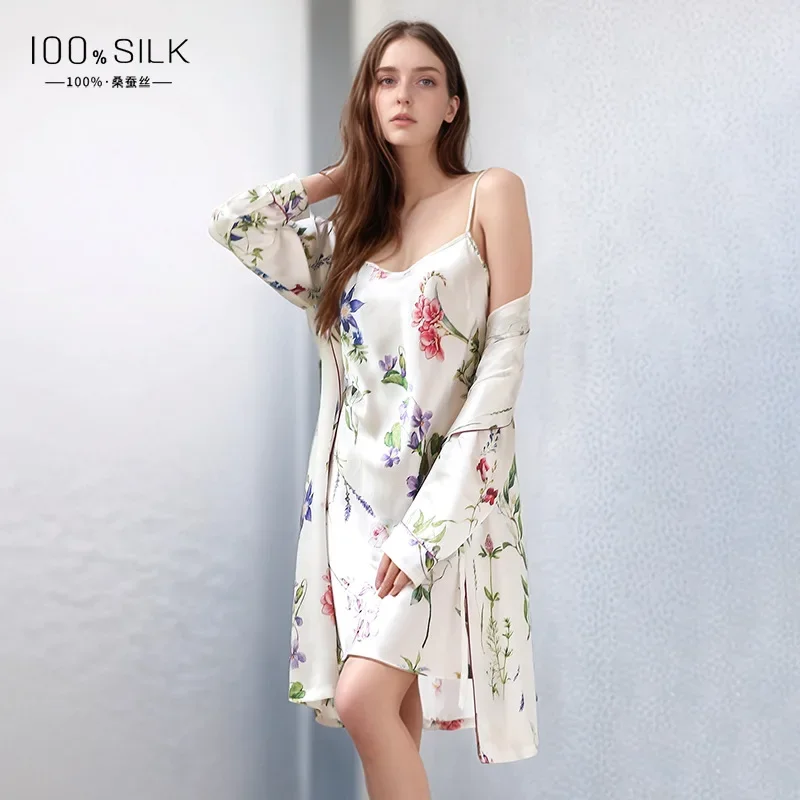 Floral Print 100% Mulberry Silk Nightgown & Kimono Robe Sexy Sleepwear Two-piece Set Women's Soft Pure Silk Nightdress Robe Suit