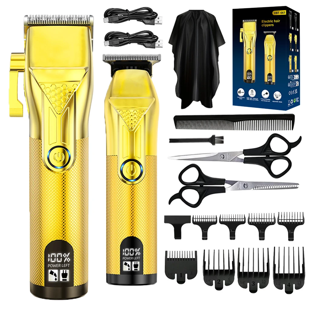Professional Hair Clipper Electric Trimmer Gold Hair Cutting Machine Rechargeable Cordless Barber Shaver Kit With LCD Display