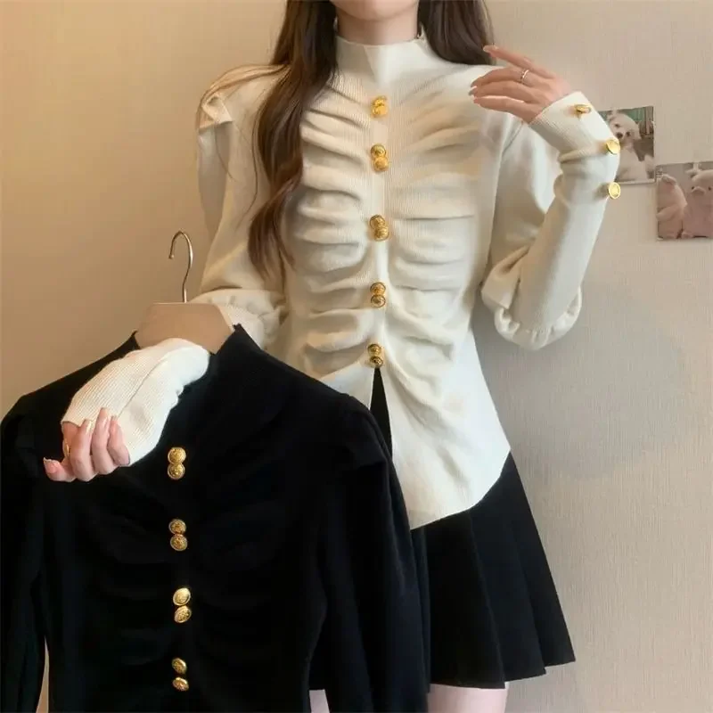 

Роскошный вязаный свитер со складками на металлических пуговицах, полуводолазка с пышными рукавами, вязаная нижняя рубашка, женский осенне-зимний тонкий пуловер, тренд