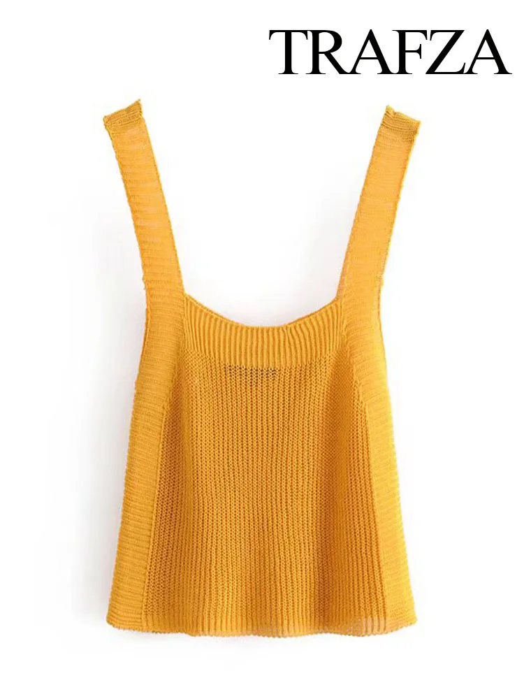 TRAFZA Summer Women Sexy Sleeveless Backless Textured Shoulder Strap Short Vest Woman Fashion 3-Color Knitting Slim Top Mujer