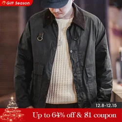 Maden Vintage Spey Waxed Fishing Jacket Distressed Outdoor Corduroy Collar with Pockets Coat for Men's Autumn Classic Overcaot