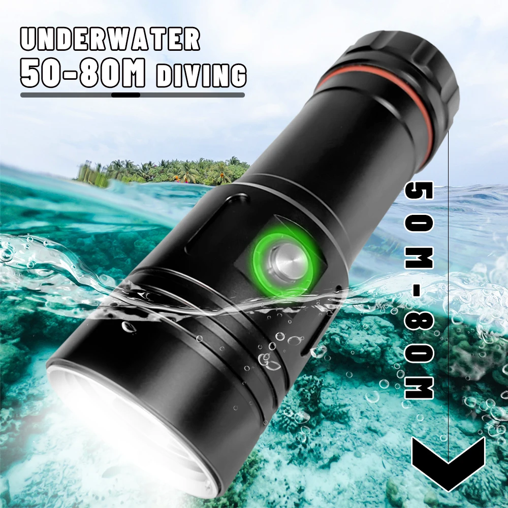 Asafee 80M Underwater Diving Flashlight P50/P70 LED 2000LM 150M Range Lantern IPX8 Waterproof Scuba Torch SOS Lamp Outdoor