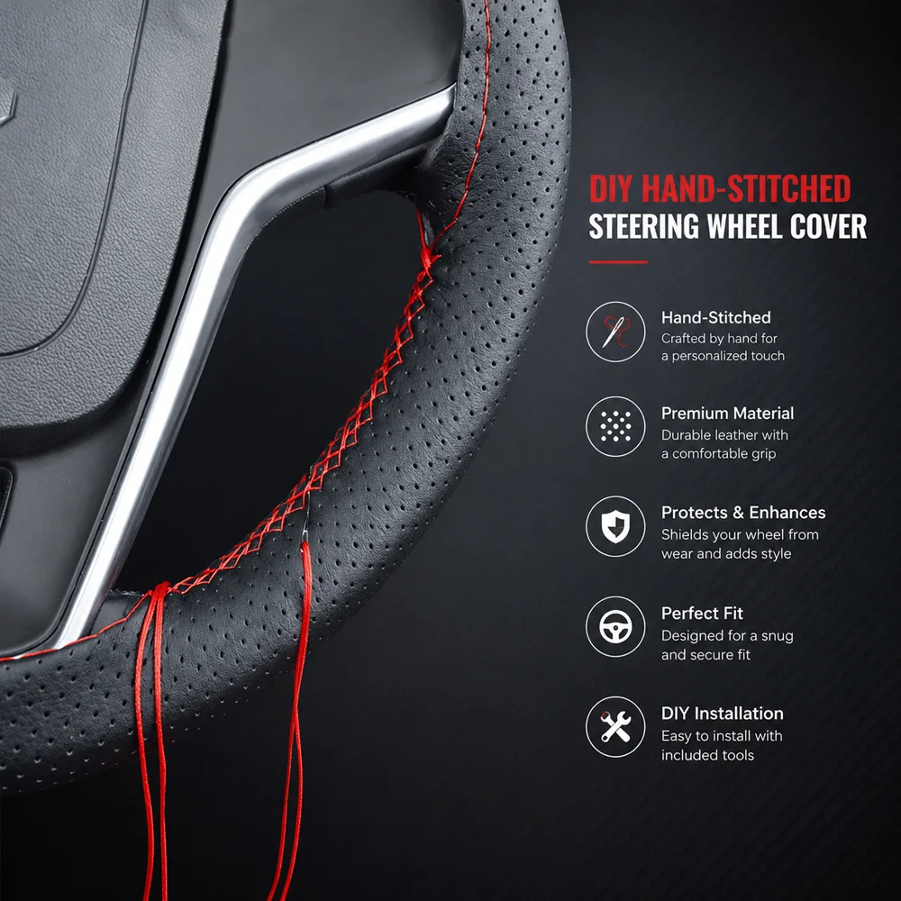 1Pc Dual‑Color DIY Stitch‑On Steering Wheel Protector, Soft Faux Leather Wrap with Needle Thread Set for Car Mod