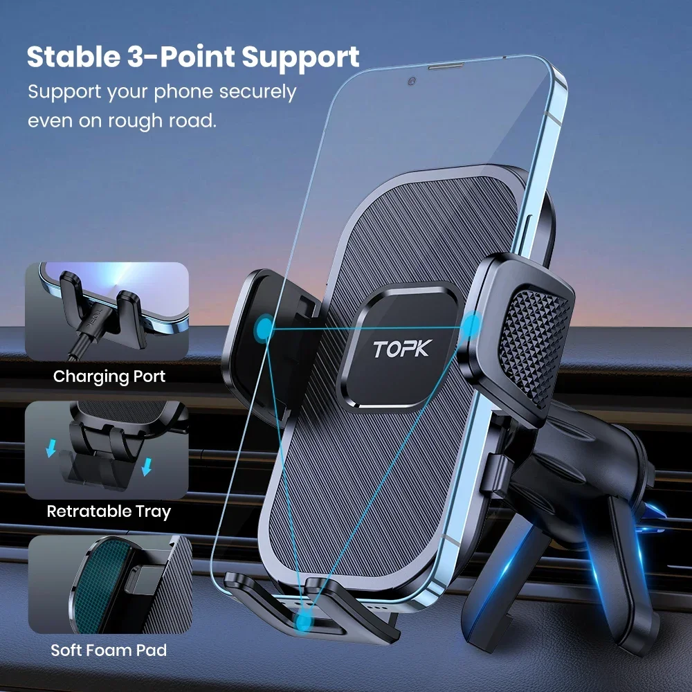 TOPK Upgraded Metal Hook Car Phone Holder Phone Holder Car Air Vent Automobile Cell Phone Mount For All Smartphones
