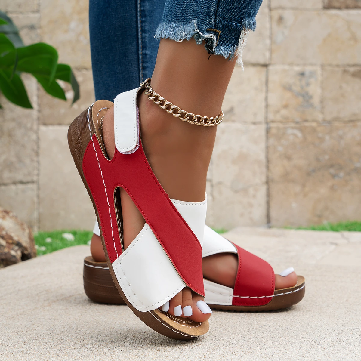 New Summer Women Mix Color Wedge Sandals Comfortable Non Slip Beach Shoes Woman PU Leather Platform Roman Sandalias Mujer image 4