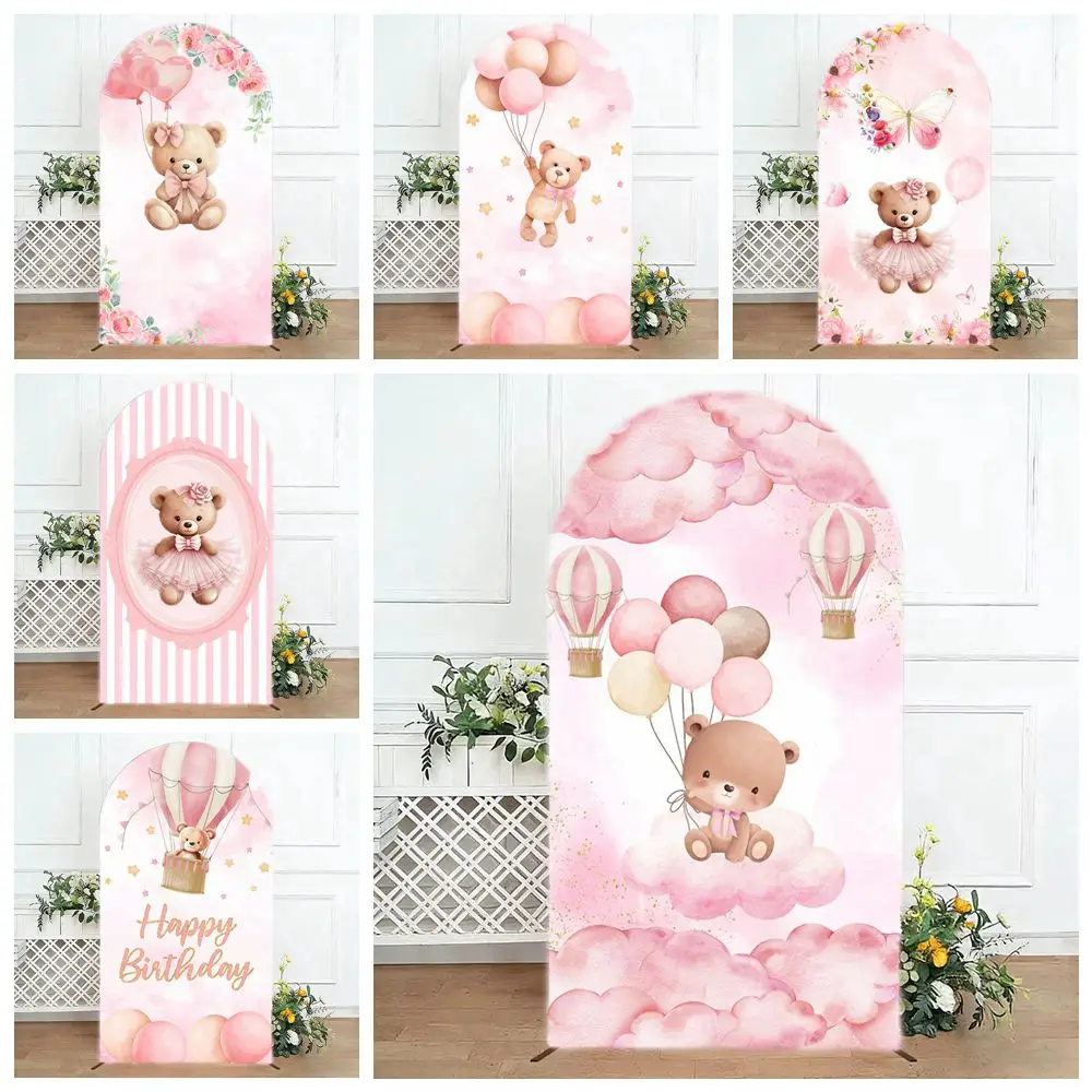 

Pink Bear Girls Birthday Party Decoration Arch Backdrop Cover Baby Shower Kids Birthday Customize Elastic Arched Background