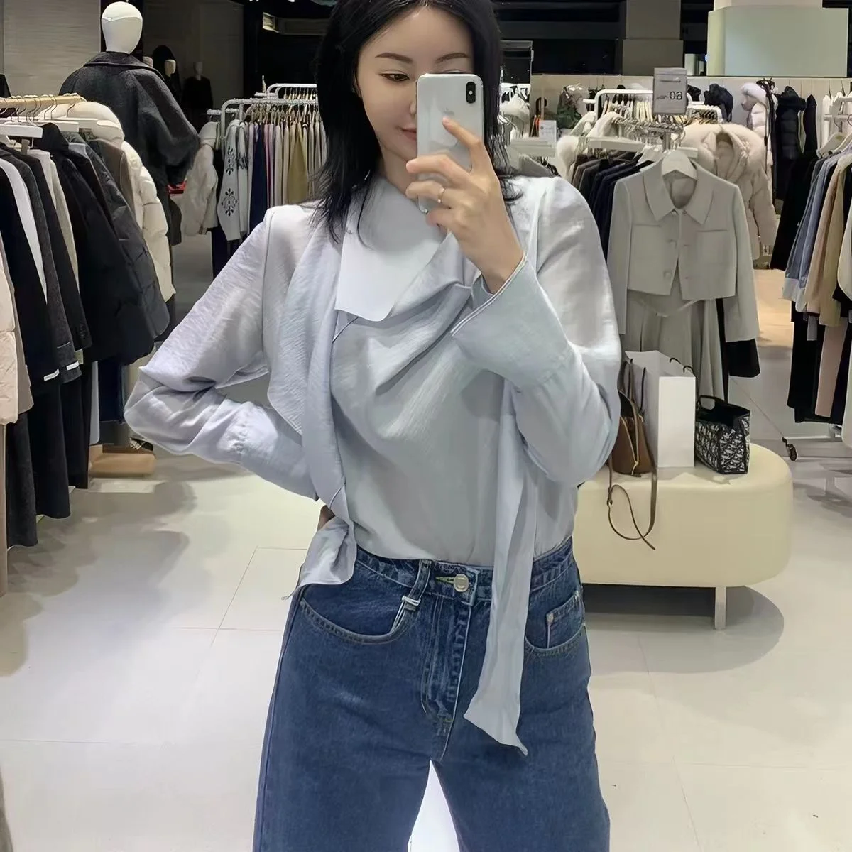 

Elegant Korean Style Women's Shirt Silk Long Sleeve with Sash White Collar Breathable Comfortable Spring New Arrival