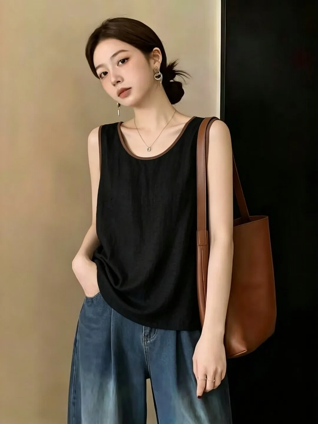 

Casual Off-Shoulder Color Block Vest Women's plus Size Comfortable Breathable Sleeveless round Neck Design Korean Japanese Style