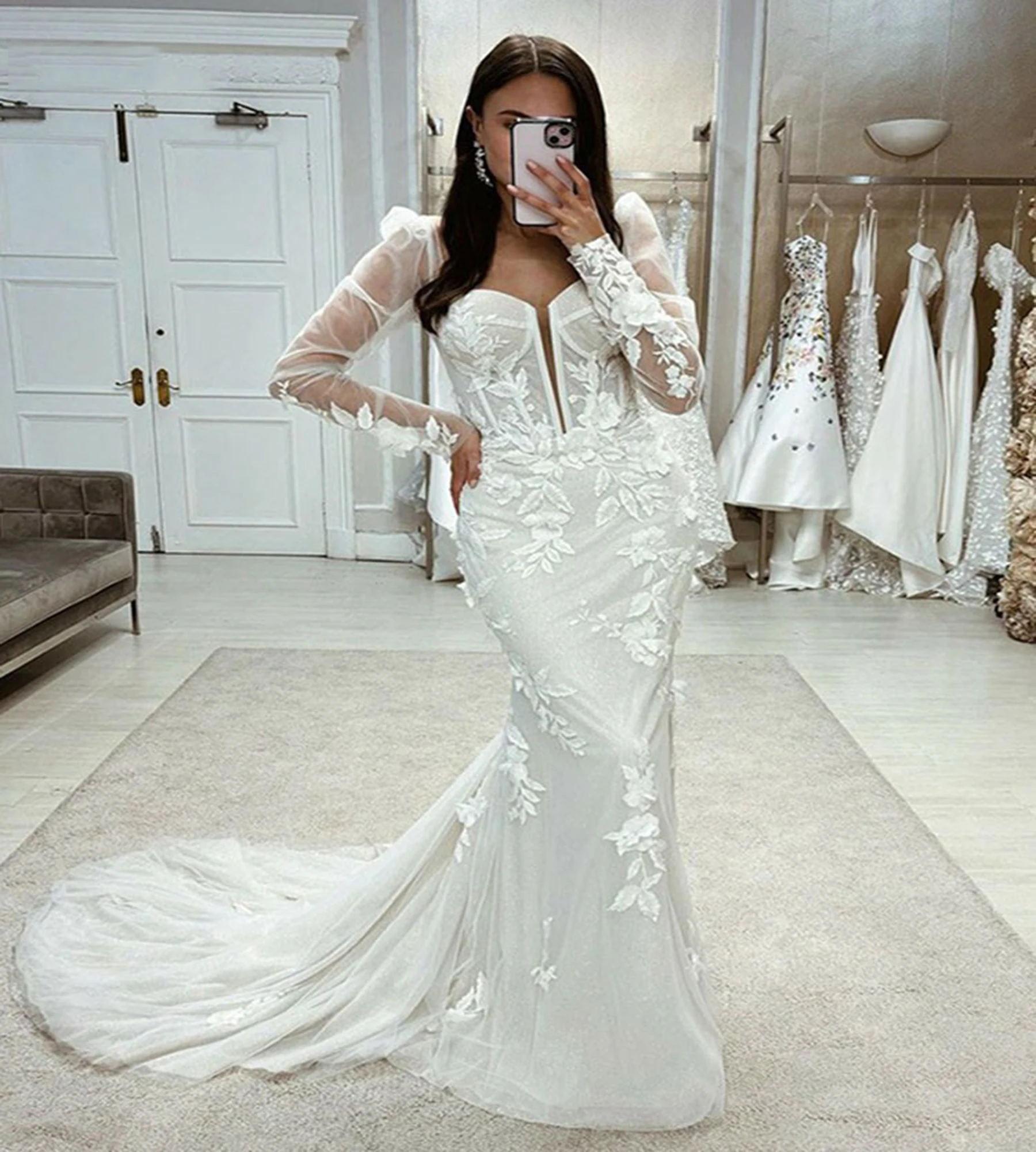 

Sexy Trumpet Wedding Dresses Bride V Neck White Summer Mermaid Women Gowns Newest Noble Long Sleeves Trailing Vestidos De Novia