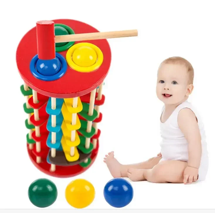 

[Funny] DIY Wooden Pound and Roll Wooden Tower with Hammer Knock The Ball Off Ladder Montessori Educational Toys child kids gift