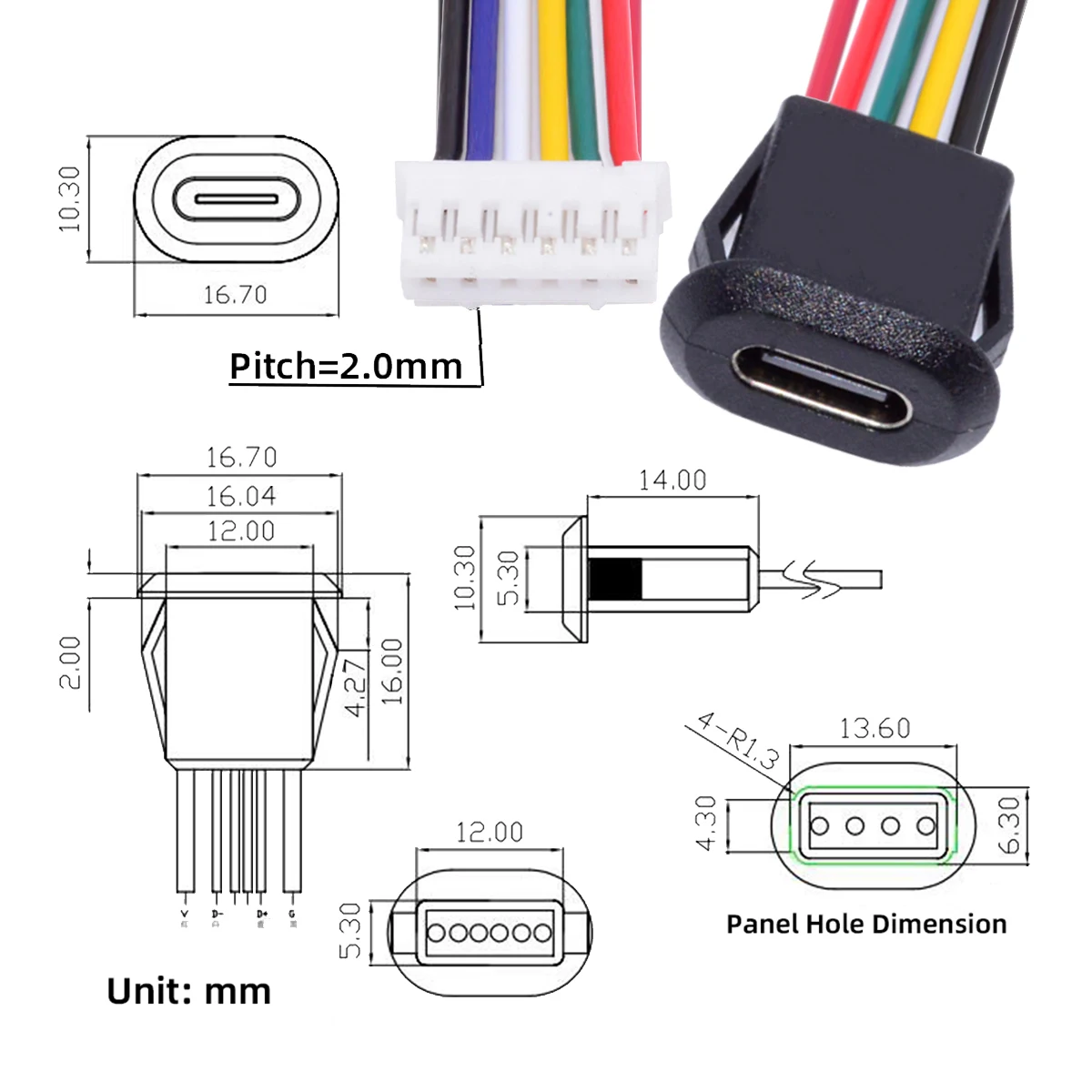 CableCC Latch Mount Type DIY OEM Type C Female Socket to 6Pin Header Cable Pitch=2.0mm DC 5V/20V Power Cord 5pcs/set