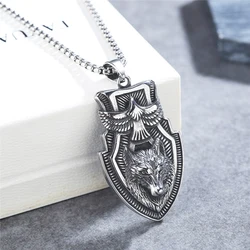 Retro Viking Shield Flying Eagle Wolf Head Pendant Necklace Punk Stainless Steel Wolf Necklace For Men Fashion Hip Hop Jewelry