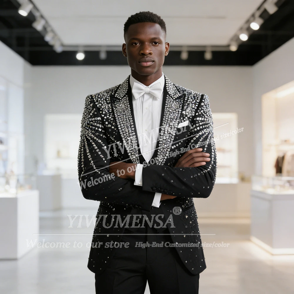 

Metallic Jewelry Stones Ornament Men Suit Attire For Wedding Single Breasted Prom Blazers Customized 3 Piece Groom Tuxedo Luxury