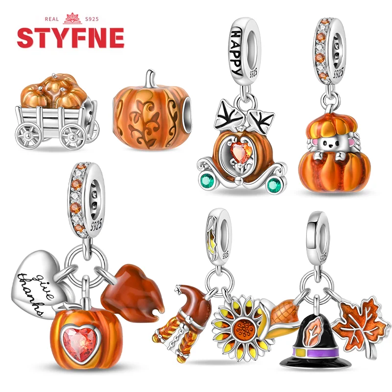 New Charm 925 Silver Orange Harvest Charms Pumpkin Heart Beads for Diy Original Bracelet for Women Fine Jewelry Making Gift