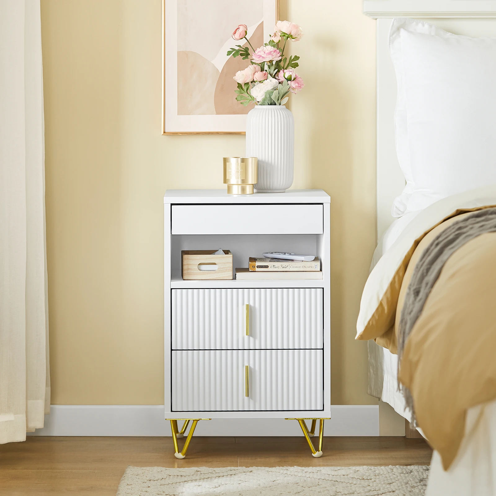 SoBuy FBT168-W Mesita de noche con 3 cajones y compartimentos de almacenamiento Mesa auxiliar moderna para dormitorio y sala de estar