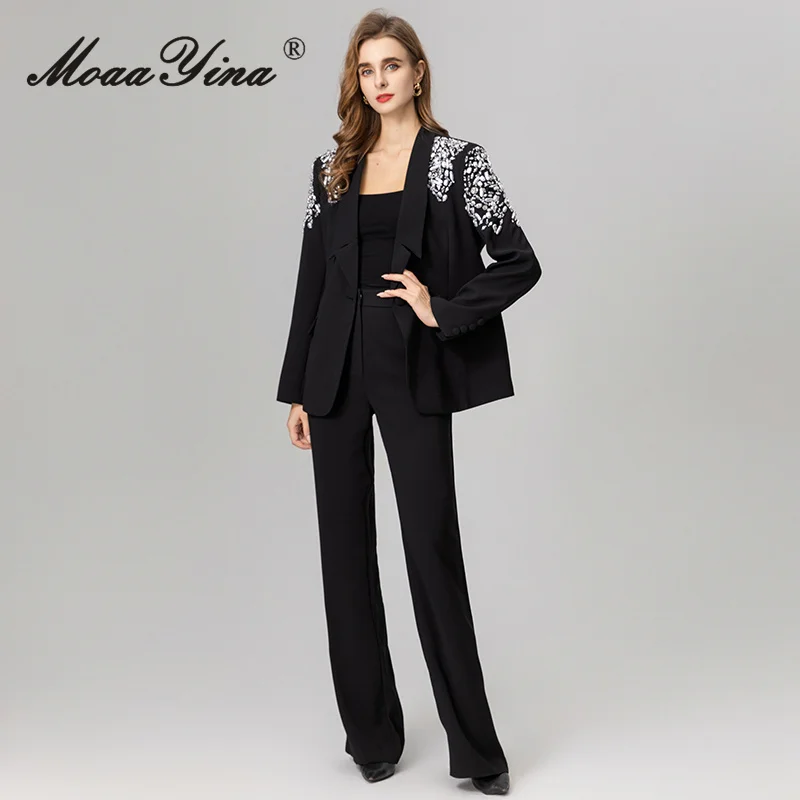 

MoaaYina 2025 новый модный костюм, комплект из двух предметов с женской курткой с v-образным вырезом и бусинами + утягивающие прямые брюки с высокой талией