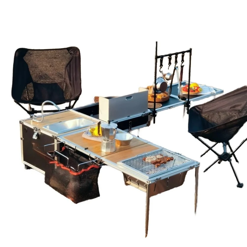 

Camping Multi-purpose Durable Aluminum 40L Outdoor Furniture Kitchen Equipped with Clamshell Storage Box Panel Design