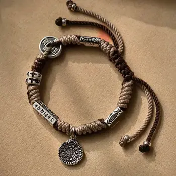 S999 silver six-character real words Five Emperors money Tibetan bracelet ethnic style Koi thread woven hand rope gift