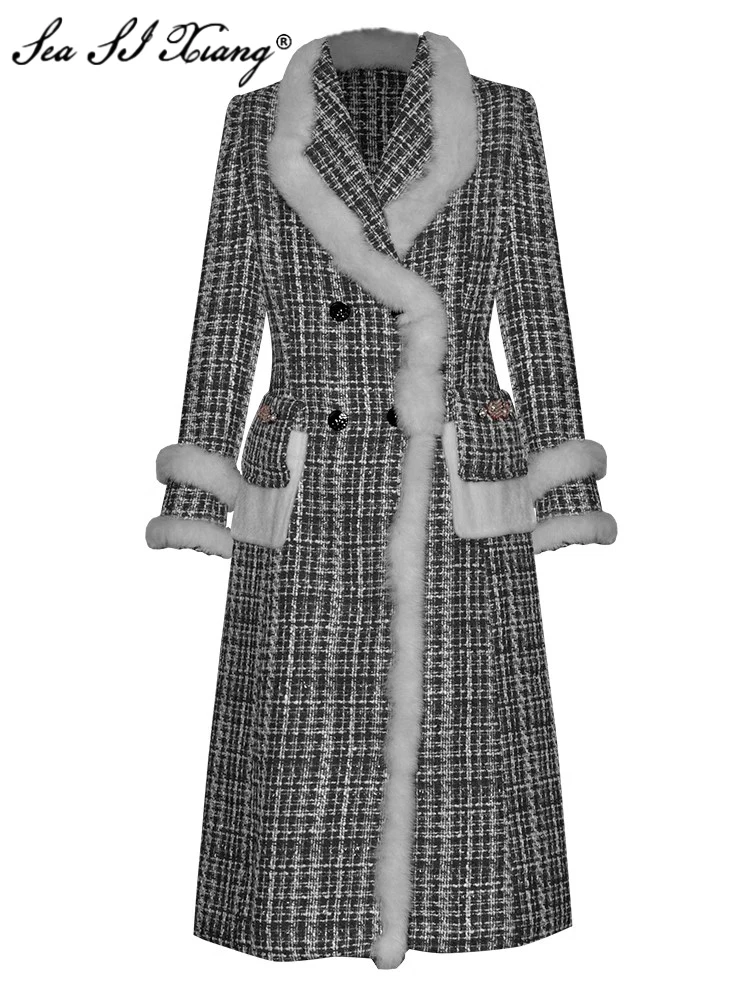 

Seasixiang Double Breasted Plaid Tweed Coat For Women Long Sleeves Diamonds Vintage Outerwear Autumn Winter Female New