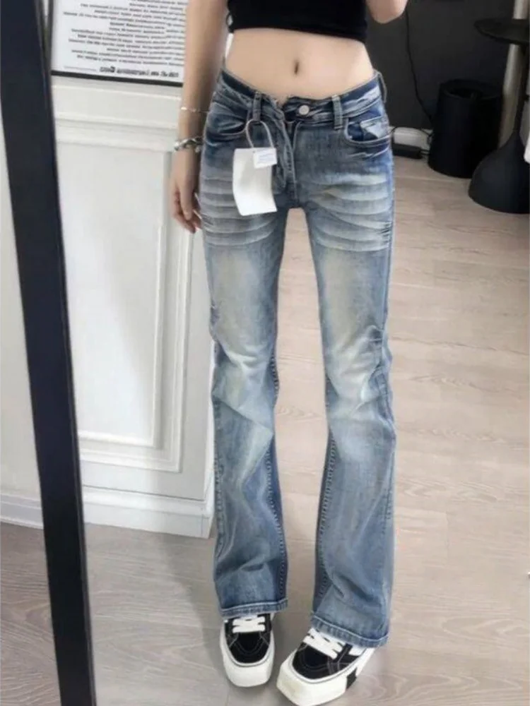 

Low Waist Bell Bottom Denim Jeans Women's Retro High Street Design Summer Elastic Slim Straight Leg Pants Casual Style