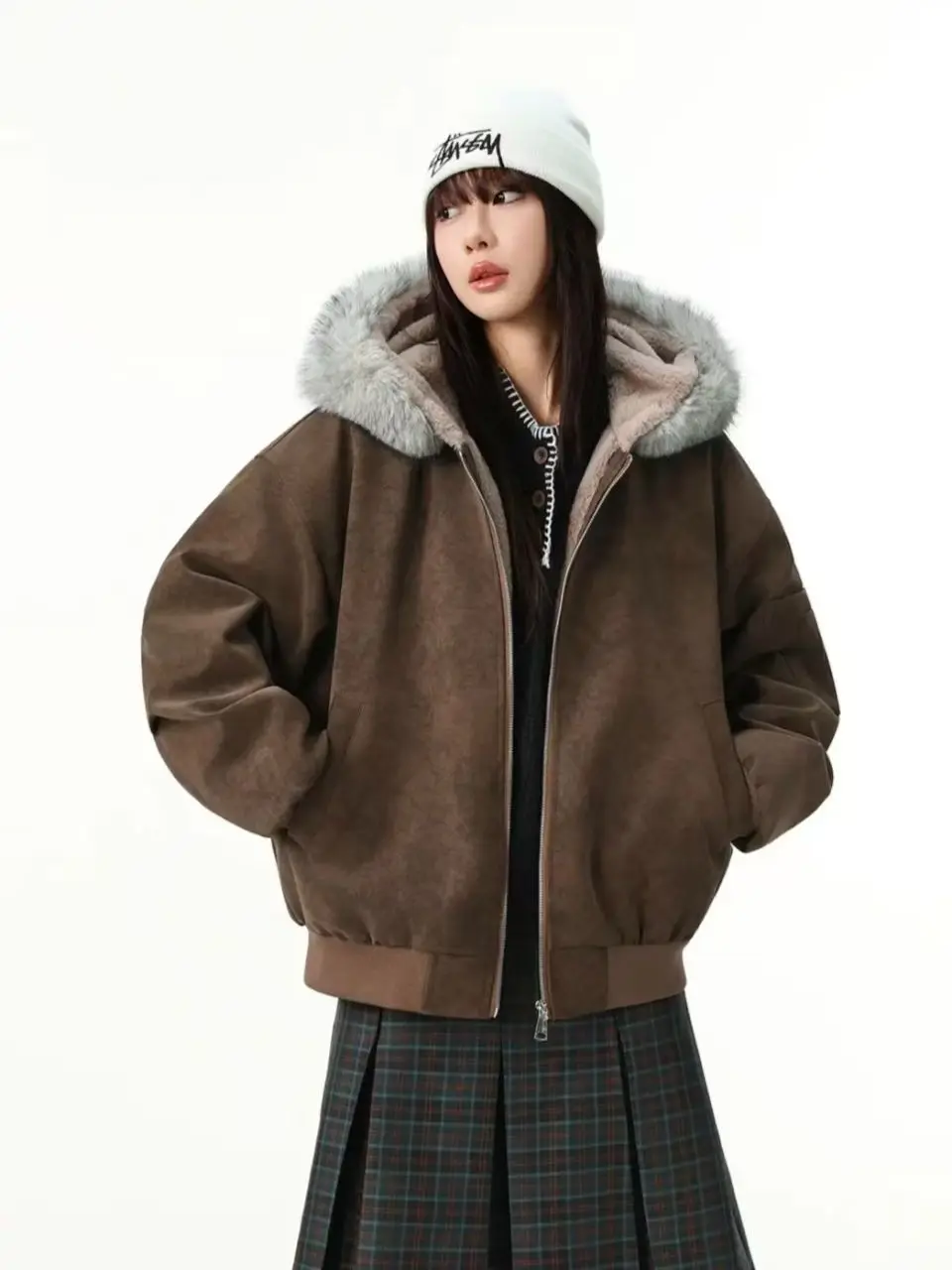 

American Sle Men's Thiened Double-Sided Wear Hooded Cotton Jaet with Fur Collar Warm Street Sle Couple's Jaet