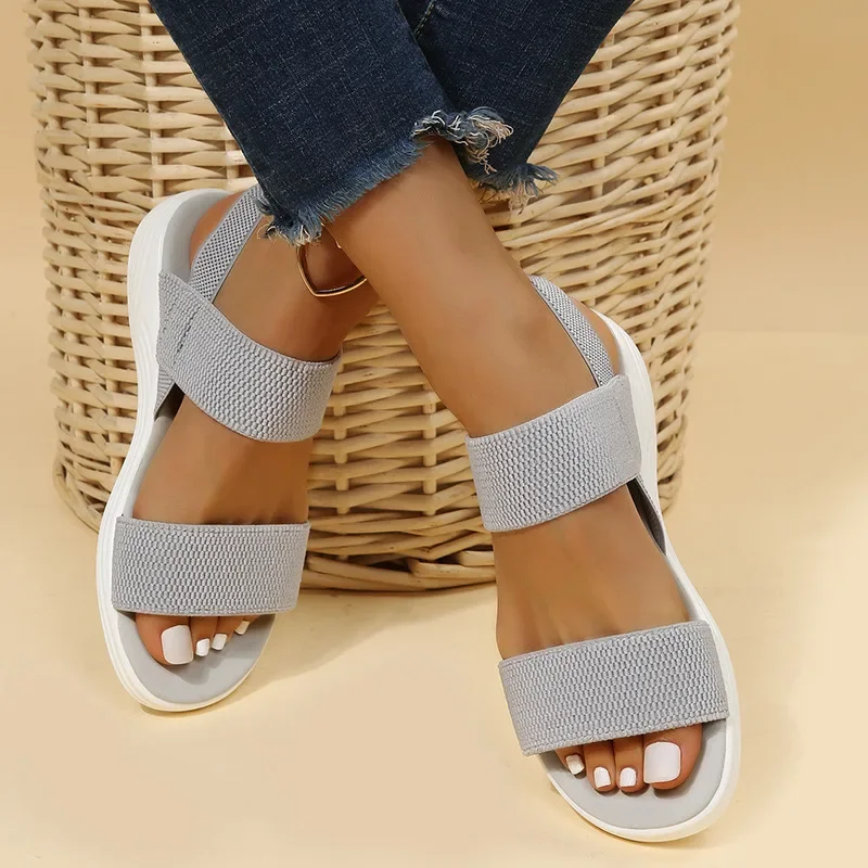 Damen-Sandalen aus elastischem Strickstoff mit Keilabsatz, zum Hineinschlüpfen, leicht, zum Gehen, NEUE Sandalen für Damen, Übergröße, bequeme Sommerschuhe für Damen