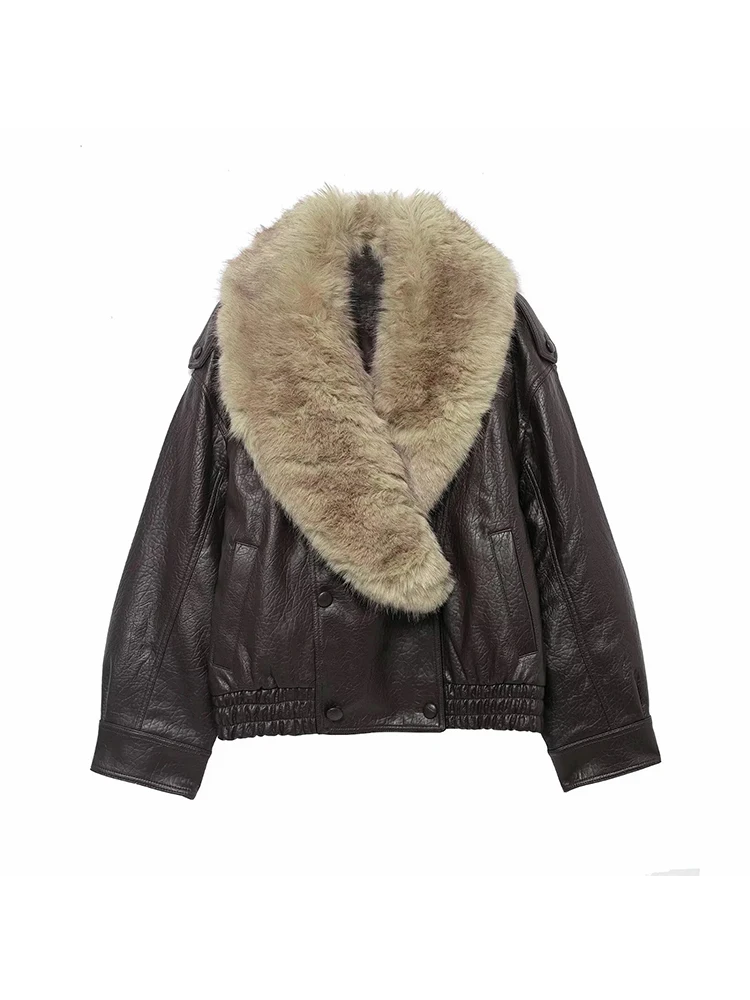 

Women New Elegant Fur Collar Jackets Women Full Sleeve Leather Patchwork Double-breasted Loose Jacket Female Outwears