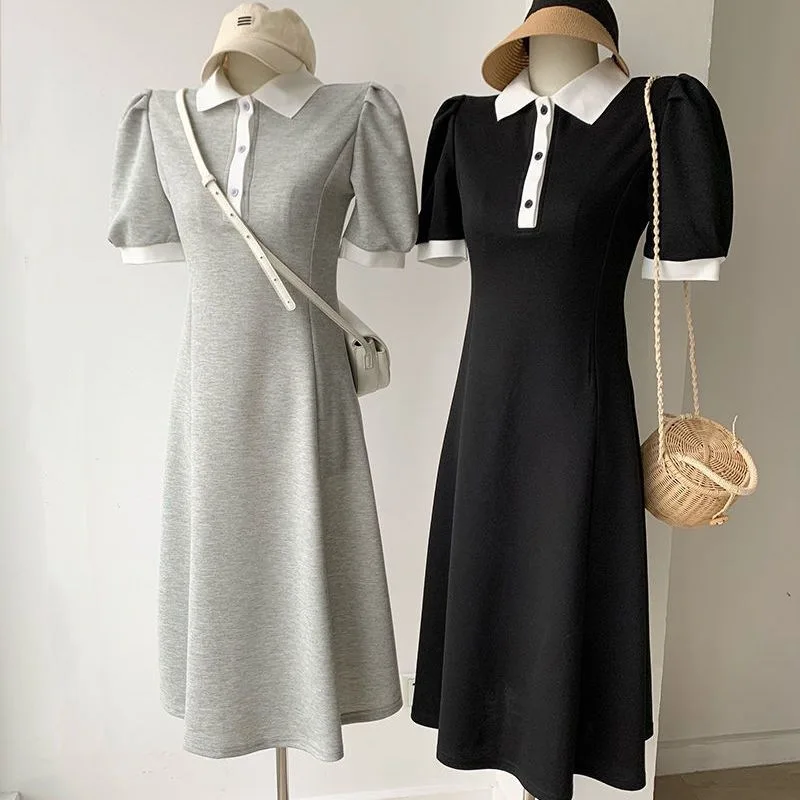 French Style Bubble Sleeve Short Sleeve Dress Women's Summer New Waist Cinching Slimming Belly Covering POLO Collar Long Dress