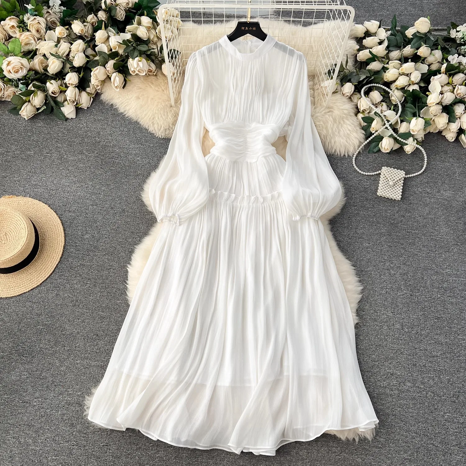 High Quality New Luxury Women Spring Summer Folds Wedding Formal Stand Collar Puff Sleeve Shine Casual Holiday Party Dresses