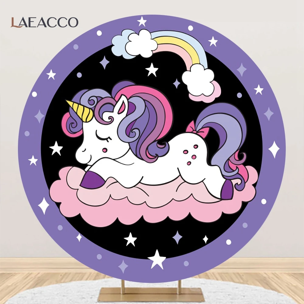 Laeacco Cartoon Unicorn Round Backdrops Rainbow Flowers Baby Shower Birthday Party Decor Photographic Prop Circle Backgrounds