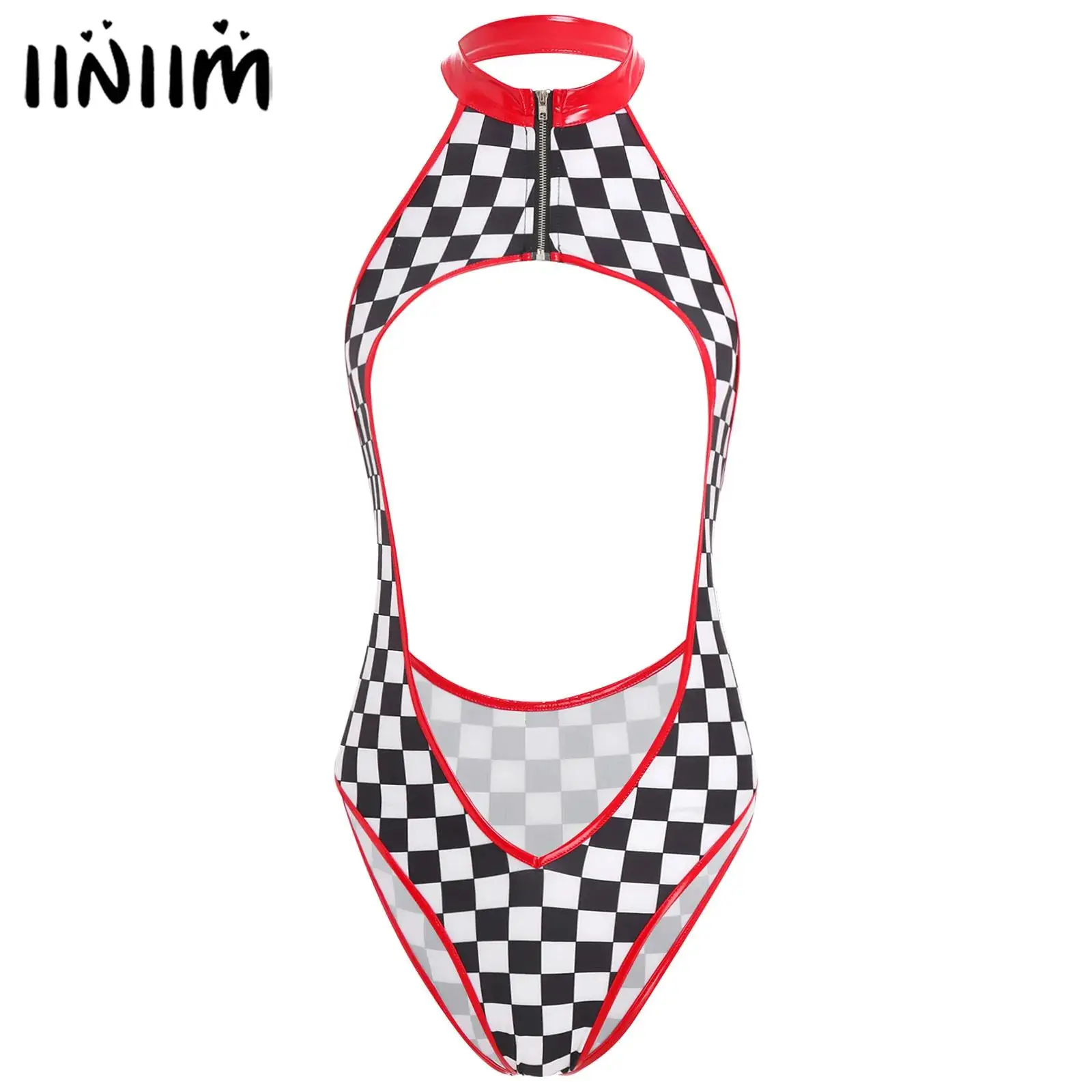 

Womens Classic Plaid Checkerboard Driving Bodysuit Halter Hollow Out Backless Cool Race Queen Leotard Lingerie for Night Cosplay