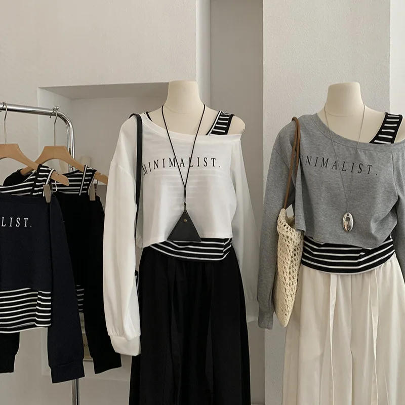 

Женская весенне-осенняя толстовка с наклонным воротником и буквенным принтом, короткая стильная толстовка с капюшоном в полоску, жилет, комплект из двух предметов, модные топы