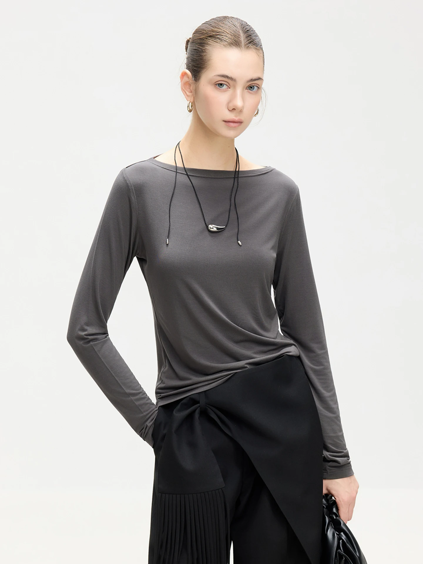 

LUR Comfortable Ultra Elastic Modal Long Sleeve T-Shirt Spring New Style Slim Fit One Shoulder Ice Silk Base Top Women's Casu...