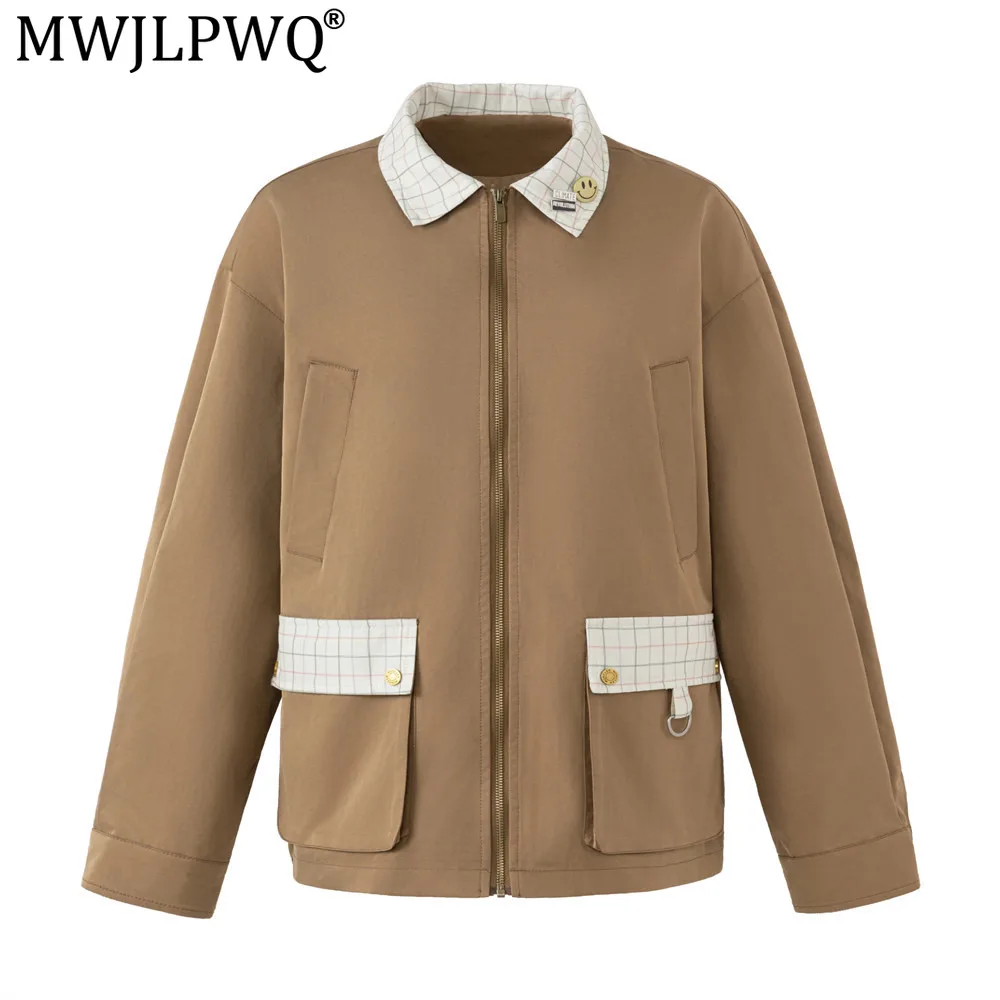MWJLPWQ Plaid Pocket Collar Casual Workwear Jacket Men American Trendy Spring Autumn Turn-Down Collar Contrast Color Tops 20442