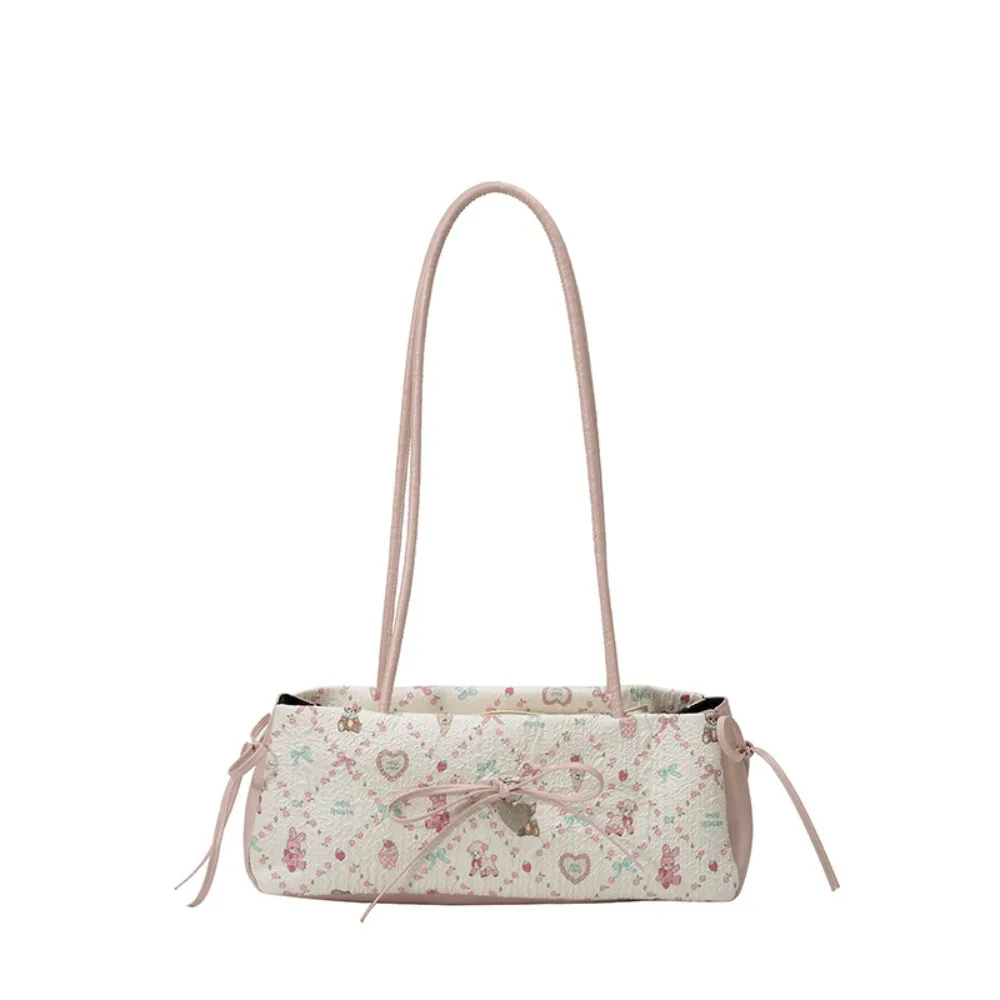 

Cartoon Print French Stick Handbag Plaid Pleated Bow Shoulder Bag Contrast Color Large Capacity Cloth Underarm Bags Daily