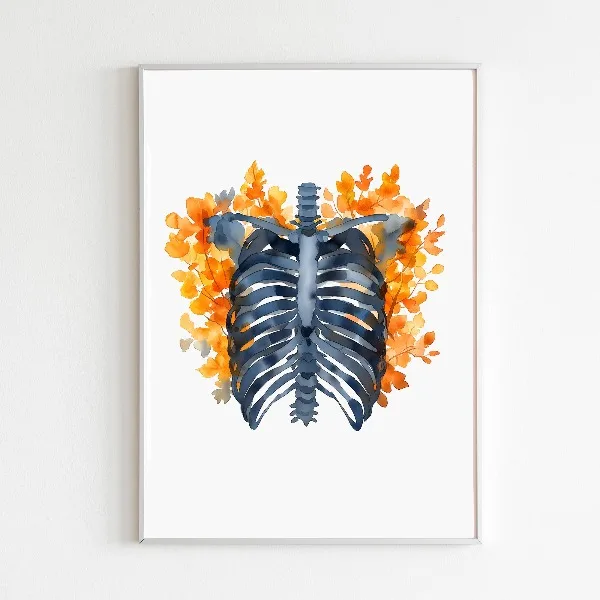 Florales Skelett-Anatomie-Rippenkäfig-Motiv – Rahmenlose Leinwand-Aquarellmalerei für die Dekoration von Arztpraxen und Zuhause 2026