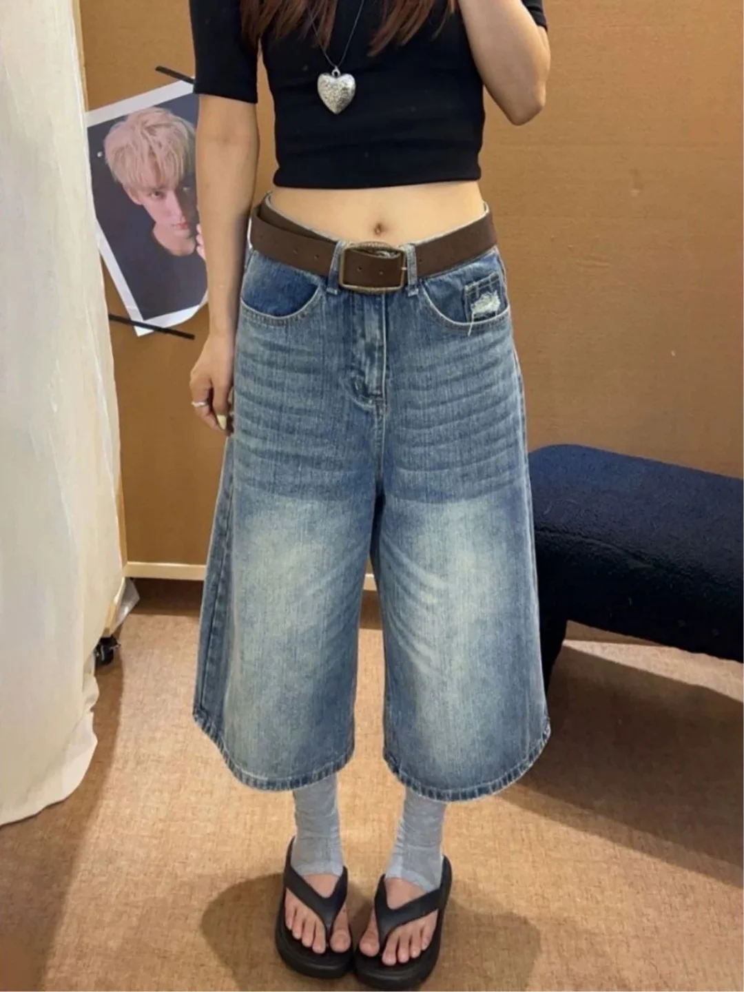 

Retro Washed Wide Leg Slimming Seven-Foot Denim Jeans Women's Loose Straight American Style Worn out Lazy Fashion Mid-Pants