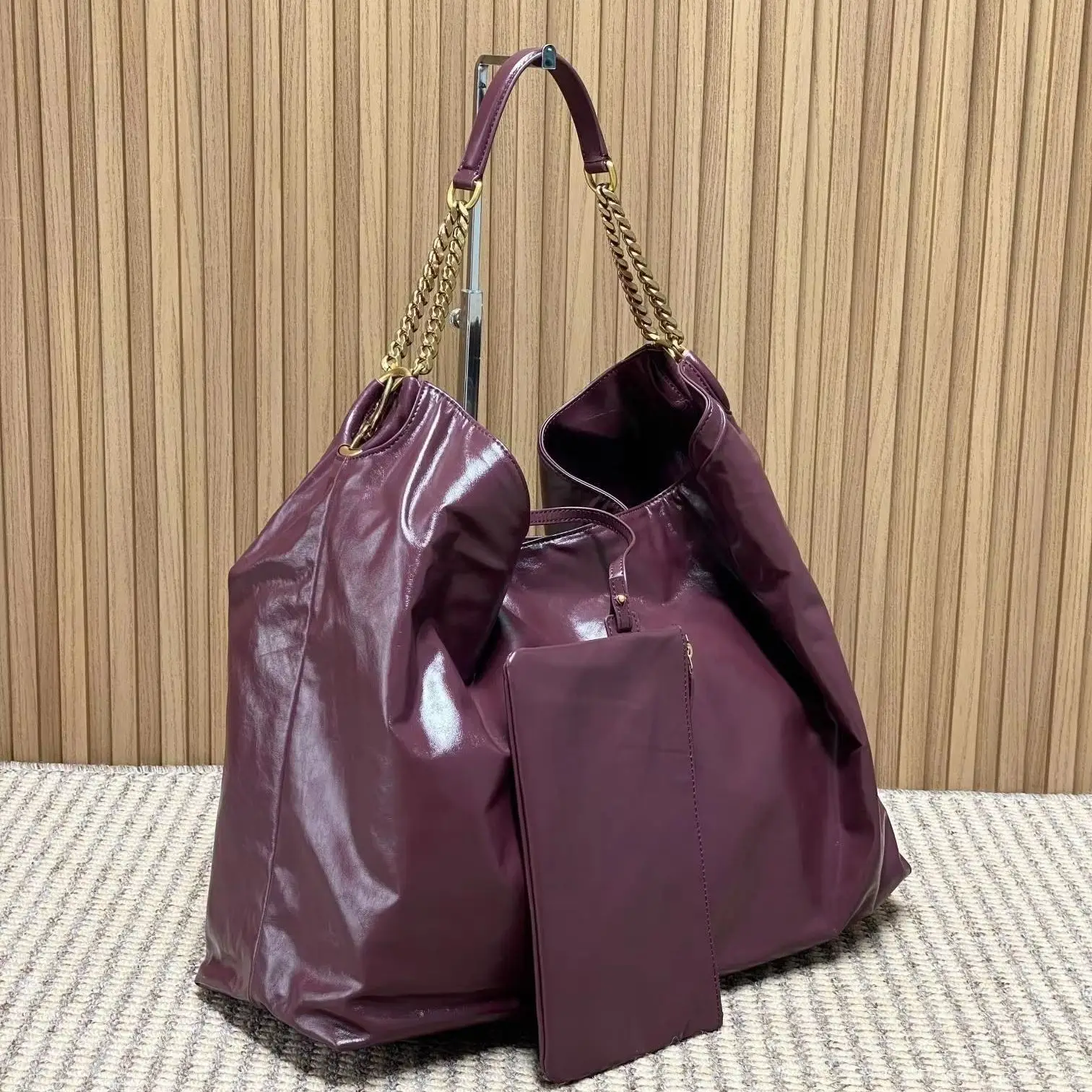 Burgundy Shiny Soft Leather Large Hobo Tote Bag, Two-Tone Gold Chain Shoulder Bag, Luxury Designer Inspired Oversized Daily Handbag