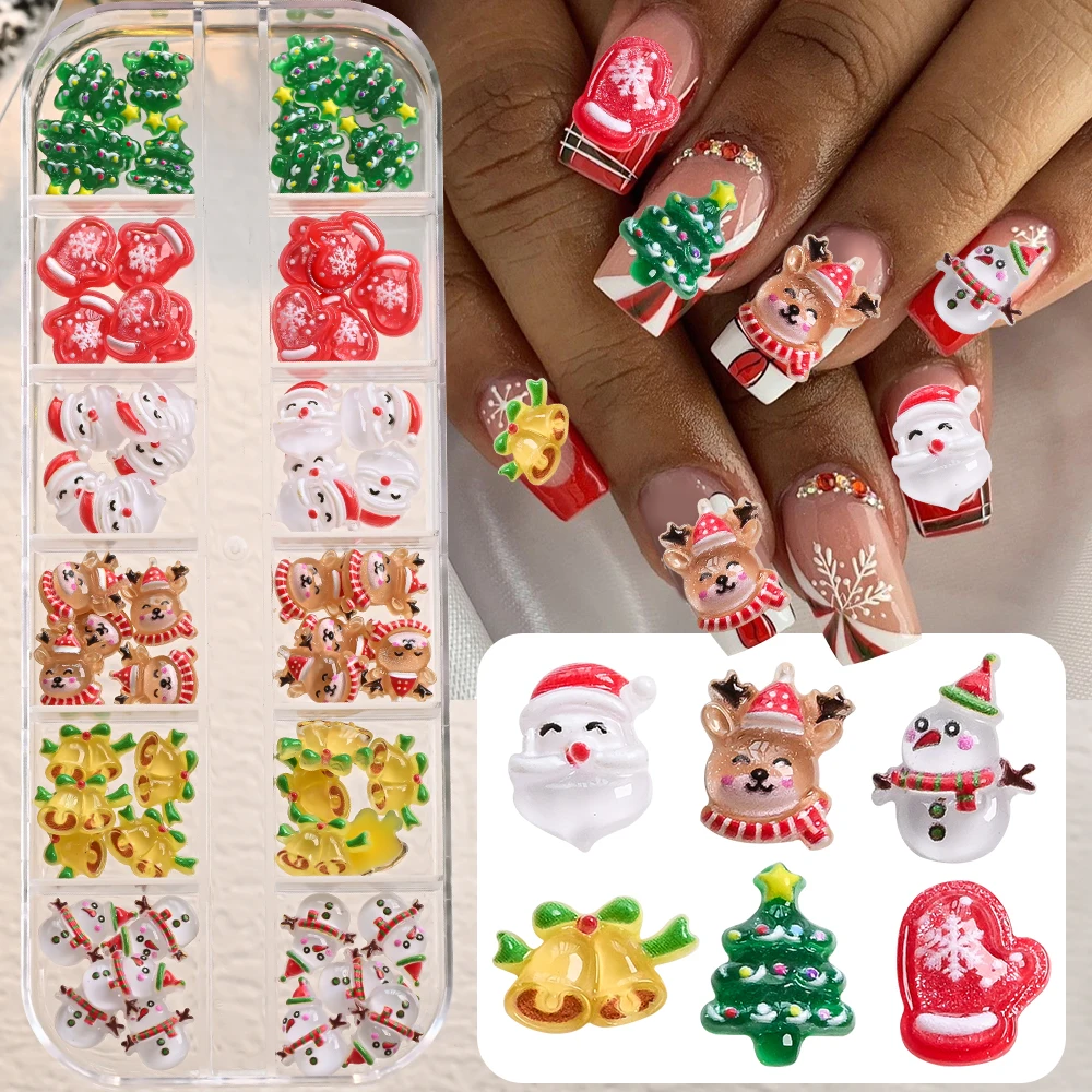 

60 шт./кор., рождественские подвески для ногтей из смешанной смолы, милый снеговик, лось, Санта-Клаус, стразы для дизайна ногтей, зимние каникулы, сделай сам, маникюрные поделки