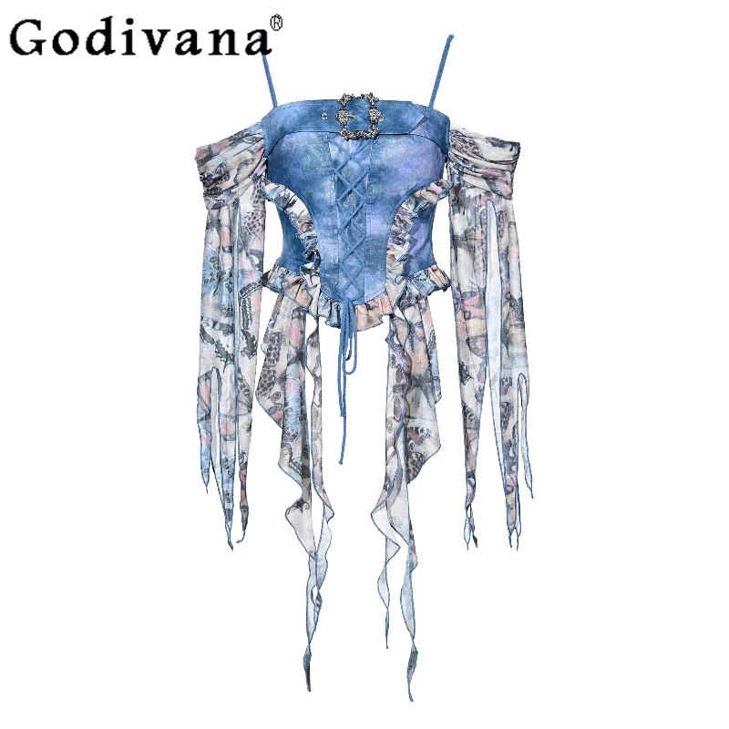 

Sweet Butterfly Print Y2k Pu Leather Splicing Slashed Neck Suspender Top Summer New Long Sleeve Irregular Blue Versatile Tops
